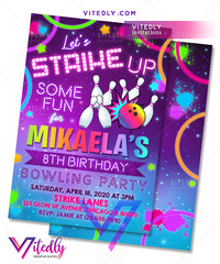 Bowling Invitations for girls, Bowling Party Invitations for girls, Rainbow Neon Glow Bowling Theme Party for girls