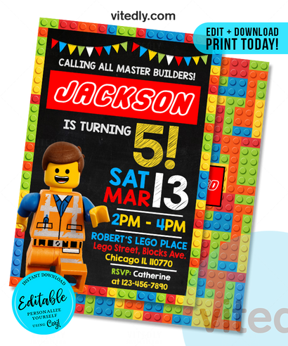 Editable Lego Invitation | Editable Lego Birthday Invitation