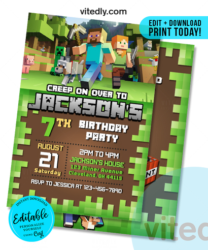 Editable Minecraft Invitation | Editable Minecraft Birthday Invitation