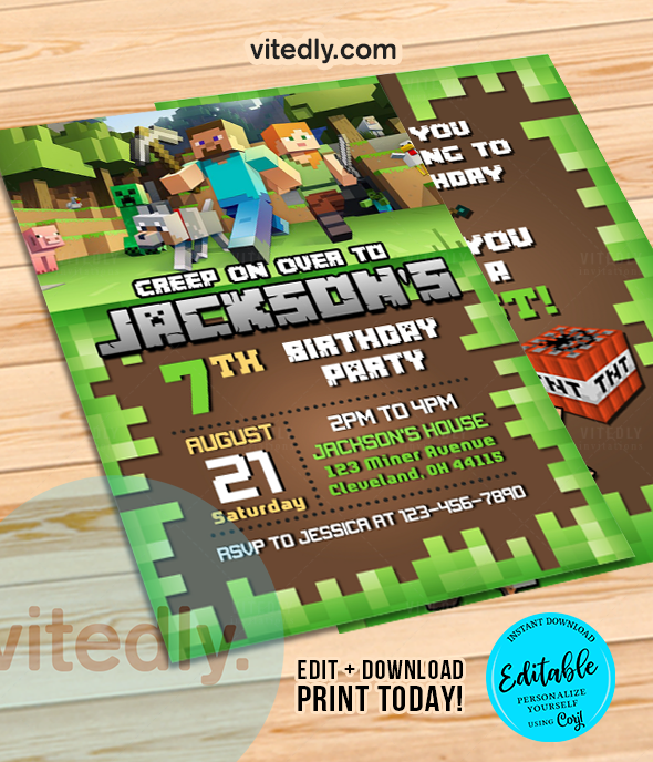 Minecraft Invitation Sample Editable Minecraft Invitation | Editable Minecraft Birthday Invite ...