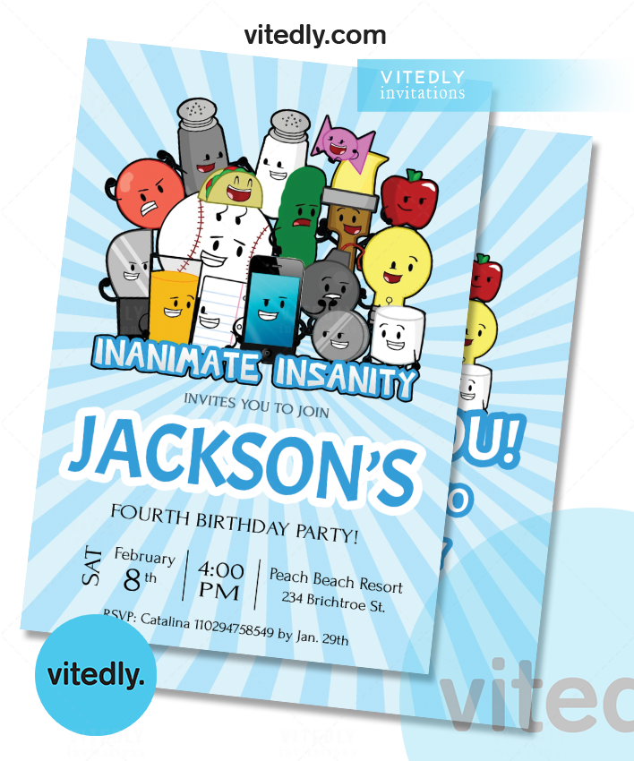 Inanimate Insanity Birthday Invitation with FREE Thank you card! – Vitedly