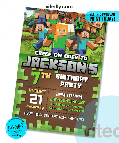Editable Minecraft Birthday Invitation | Editable Minecraft Party Invitation