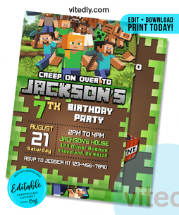 Editable Minecraft Birthday Invitation | Editable Minecraft Party Invitation