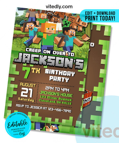 Editable Minecraft Birthday Invitation | Editable Minecraft Party Invitation