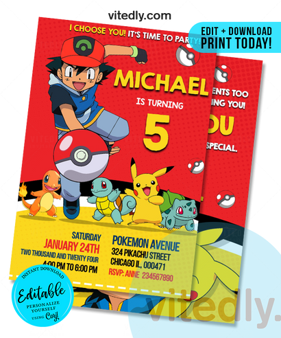 Editable Pokemon Birthday Invitation | Editable Pokemon Party Invitation | INSTANT DOWNLOAD