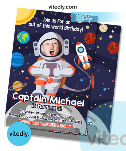 Astronaut Theme Birthday Invitation, Astronaut Invitation with Face