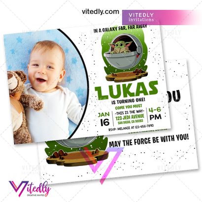 Baby Yoda Invitation with Photo, Baby Yoda Birthday Invitation