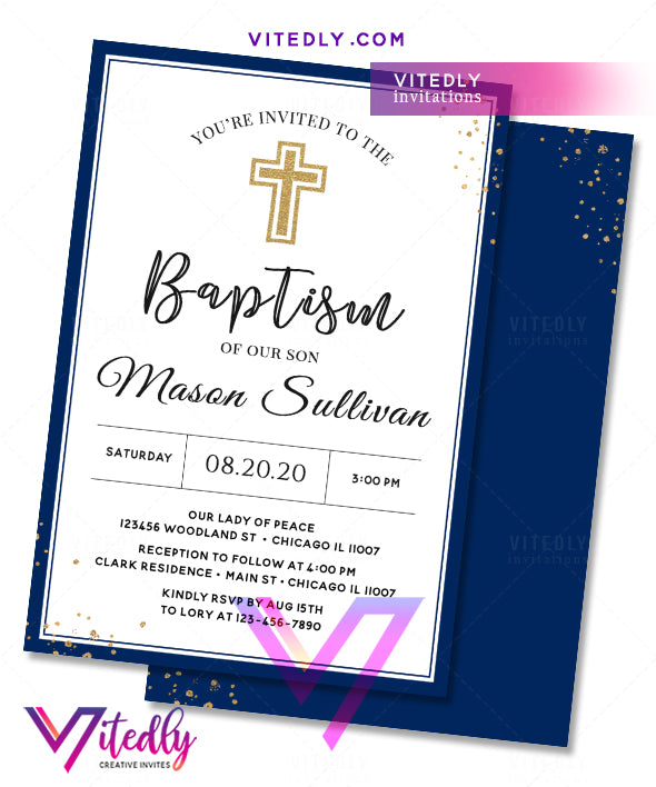 Navy Blue Boy Baptism Invitation
