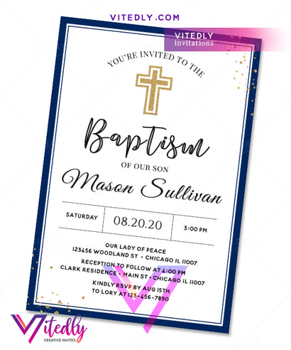 Navy Blue Boy Baptism Invitation