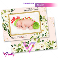 Floral Watercolor Baby Girl Photo Birth Announcement