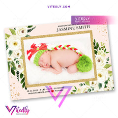 Floral Watercolor Baby Girl Photo Birth Announcement