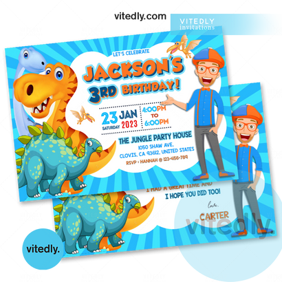 Blippi Dinosaur  Invitation with FREE Thank you card