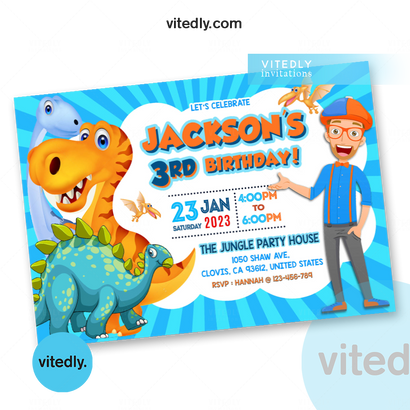 Blippi Dinosaur  Invitation with FREE Thank you card