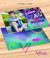 Bowling Invitations with Photo, Bowling Party Invitations, Rainbow Neon Glow Bowling Theme Party with Photo