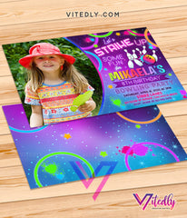 Bowling Invitations for girls with Photo, Bowling Party Invitations for girls with Photo, Rainbow Neon Glow Bowling Theme Party for girls