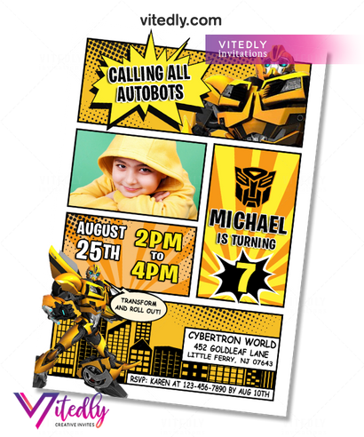BumbleBee Invitation with Photo, Transformers Birthday Invitation
