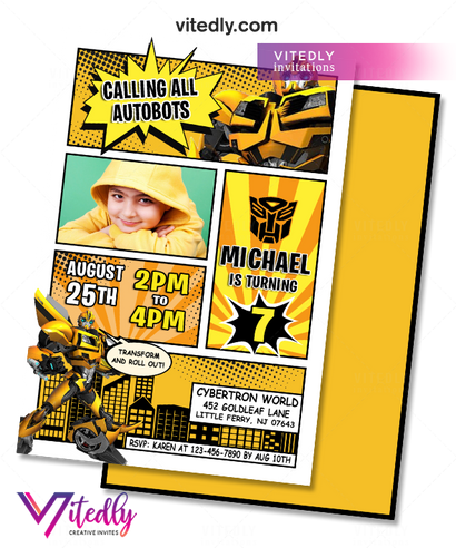 BumbleBee Invitation with Photo, Transformers Birthday Invitation