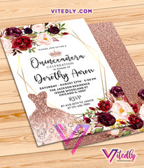 Burgundy Floral Quinceañera 15th Birthday Invitation