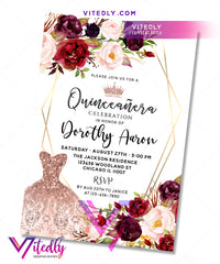 Burgundy Floral Quinceañera 15th Invitation