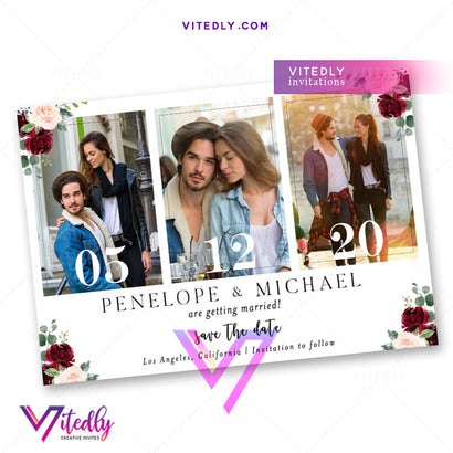 Burgundy Floral Save the Date Photo Invitation