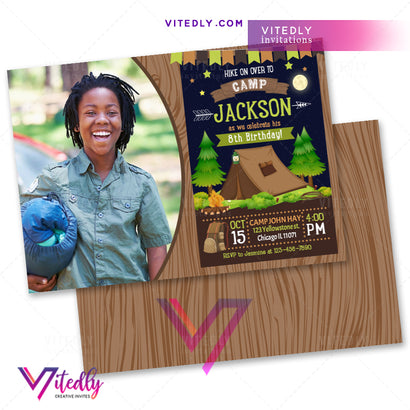Camping Birthday Invitation for boys, Camping Invitation for boys with Photo
