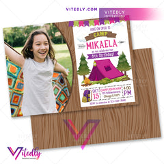 Camping Birthday Invitation for girls, Camping Invitation for girls with Photo