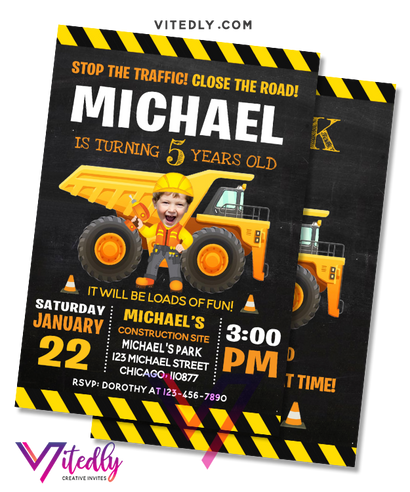 Construction Birthday Invitation with Custom Face and FREE Thank You Card
