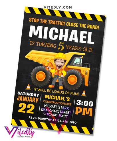 Construction Birthday Invitation with Custom Face and FREE Thank You Card