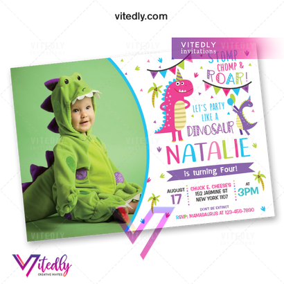 Dinosaur Invitation, Dinosaur Birthday Invitation for Girls with Photo