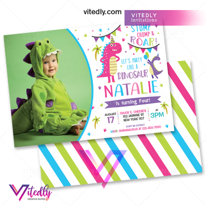 Dinosaur Invitation, Dinosaur Birthday Invitation for Girls with Photo