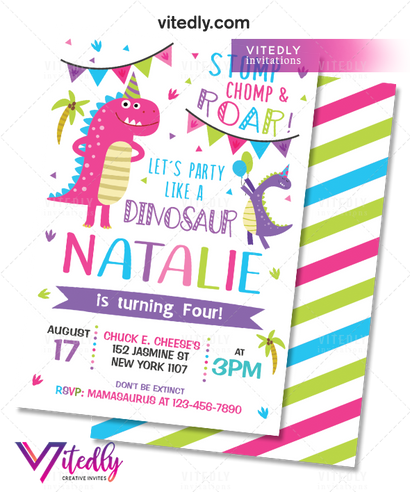 Dinosaur Birthday Invitation for Girls, Dinosaur Invitation for Girls