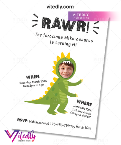 Dinosaur Birthday Invitation with Custom Face, Dinosaur Invitation with Custom Photo Face  