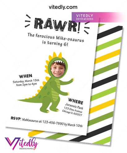 Dinosaur Birthday Invitation with Custom Face, Dinosaur Invitation with Custom Photo Face  