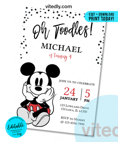 Editable Mickey Mouse Birthday Invitation, Editable Mickey Mouse Classic Invitation, INSTANT DOWNLOA