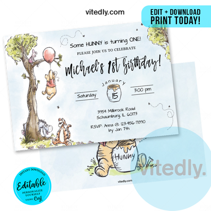 Editable Winnie the Pooh Birthday Invitation, Classic Winnie The Pooh Invitation, INSTANT DOWNLOAD