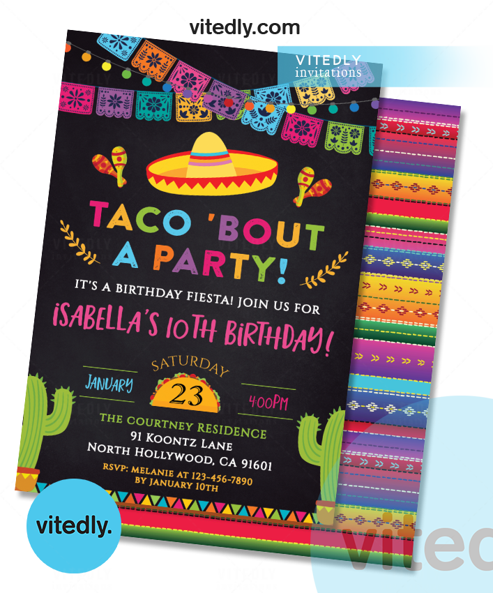 Taco Bout a Party Invitation for Girls, Fiesta Birthday Party Invite for Girls, Mexican Invitation for Girls, Cactus Invite, Taco Invitation Chalkboard