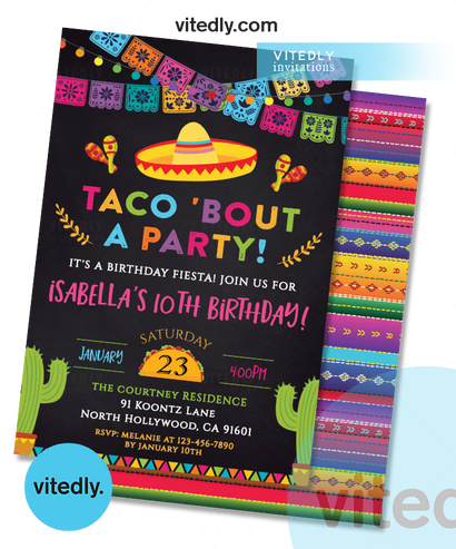 Taco Bout a Party Invitation for Girls, Fiesta Birthday Party Invite for Girls, Mexican Invitation for Girls, Cactus Invite, Taco Invitation Chalkboard