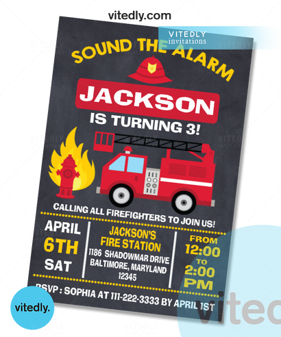 Firefighter Birthday Invitation, Fireman Birthday Invite, Fireman Invitation with Free Thank you card