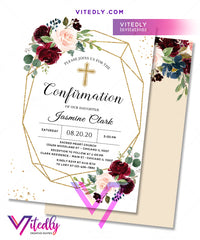 Floral Burgundy Confirmation Invitation