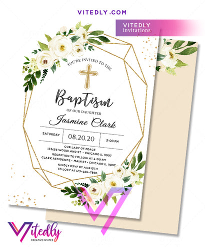 Floral Elegant Girl Baptism Invitation
