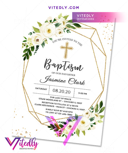 Floral Elegant Girl Baptism Invitation