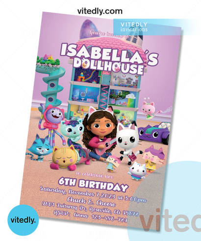 Gabby's Dollhouse Birthday Invitation with Thank You Card