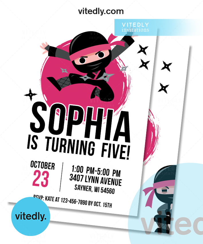 Ninja Girl Birthday Invitation, Girl Ninja Invitation, Girl Ninja Theme Invitation