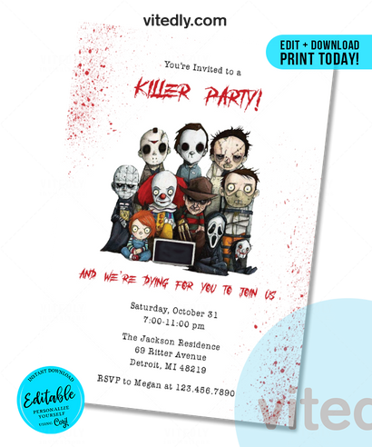 Editable Halloween Invitation | Editable | INSTANT DOWNLOAD | Halloween Party Invitation | Movie Killers Invitation