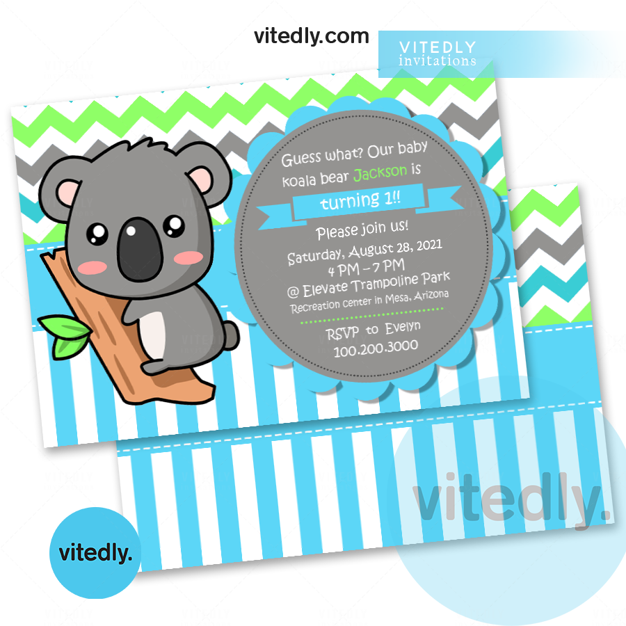 Koala Bear Birthday Invitation Card | Koala Invitation card