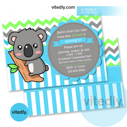 Koala Bear Birthday Invitation Card | Koala Invitation card