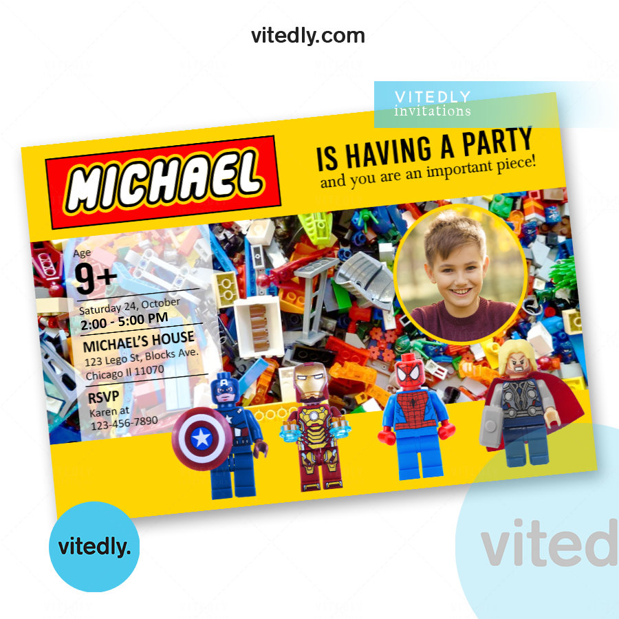LEGO Party Invite with Photo Marvel LEGO Invitation Vitedly