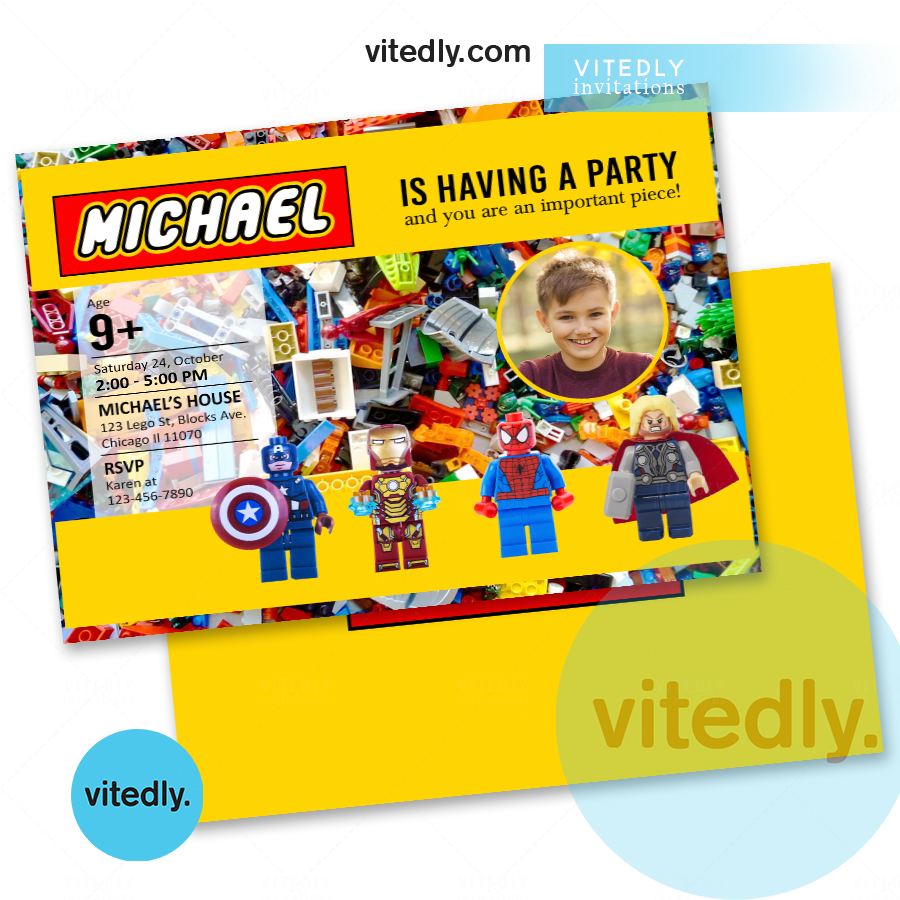 Lego Birthday Party Invitation with Photo / Lego blocks birthday invite with back design and photo