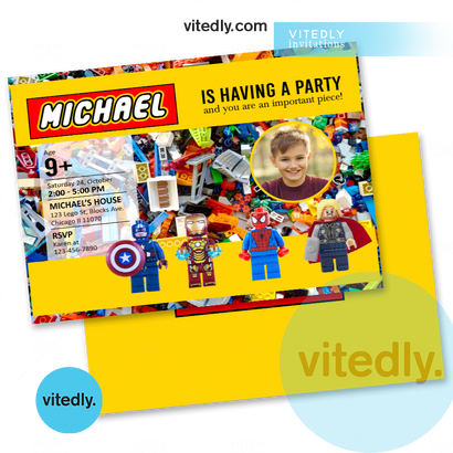 Lego Birthday Party Invitation with Photo / Lego blocks birthday invite with back design and photo
