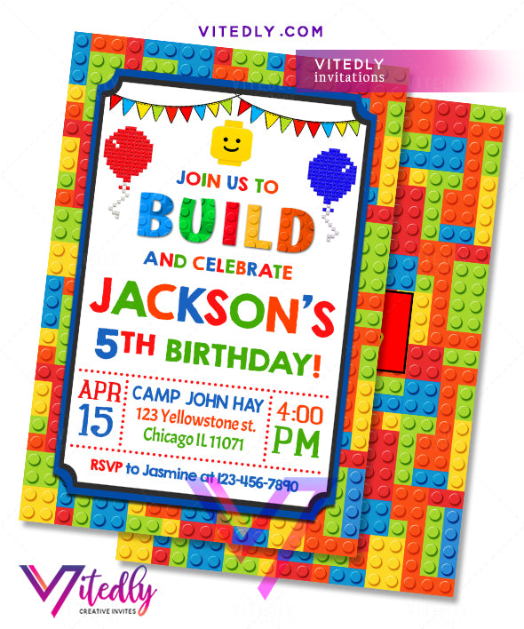 Lego Theme Birthday Invitation, Building Blocks Invitation, Lego Invitations